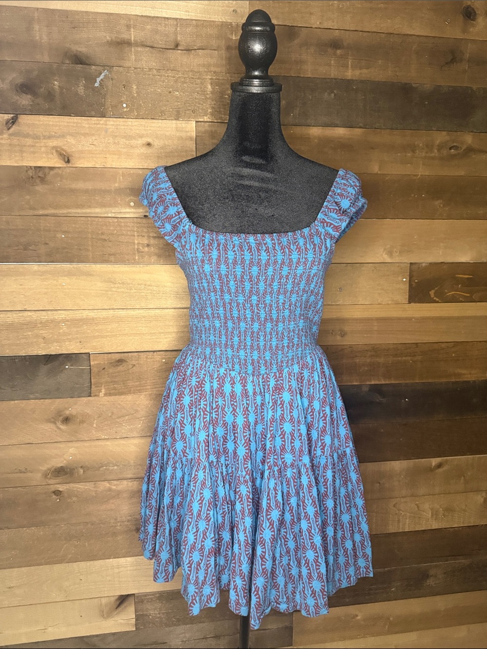 Free People Blue and Brown Smocked Floral Mini Dress